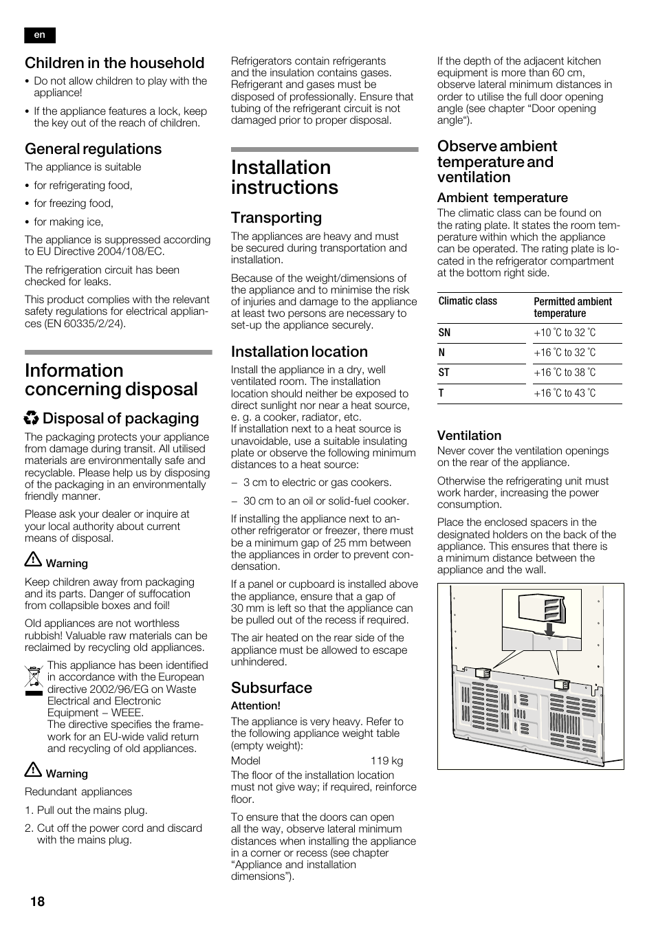 Installation instructions, Information concerning disposal, Children in the household | General regulations, Xdisposal of packaging, Transporting, Installation location, Subsurface, Observe ambient temperature and ventilation | Siemens KA62NV40 User Manual | Page 18 / 71