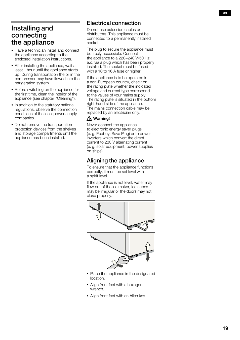 Installing and connecting the appliance, Electrical connection, Aligning the appliance | Siemens KA62NV40 User Manual | Page 19 / 71