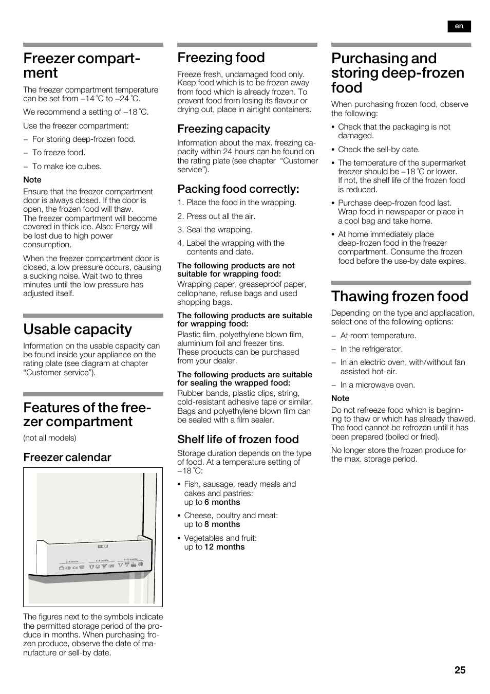 Freezer compartć ment, Usable capacity, Purchasing and storing deepćfrozen food | Thawing frozen food, Features of the freeć zer compartment, Freezing food, Freezer calendar, Freezing capacity, Packing food correctly, Shelf life of frozen food | Siemens KA62NV40 User Manual | Page 25 / 71