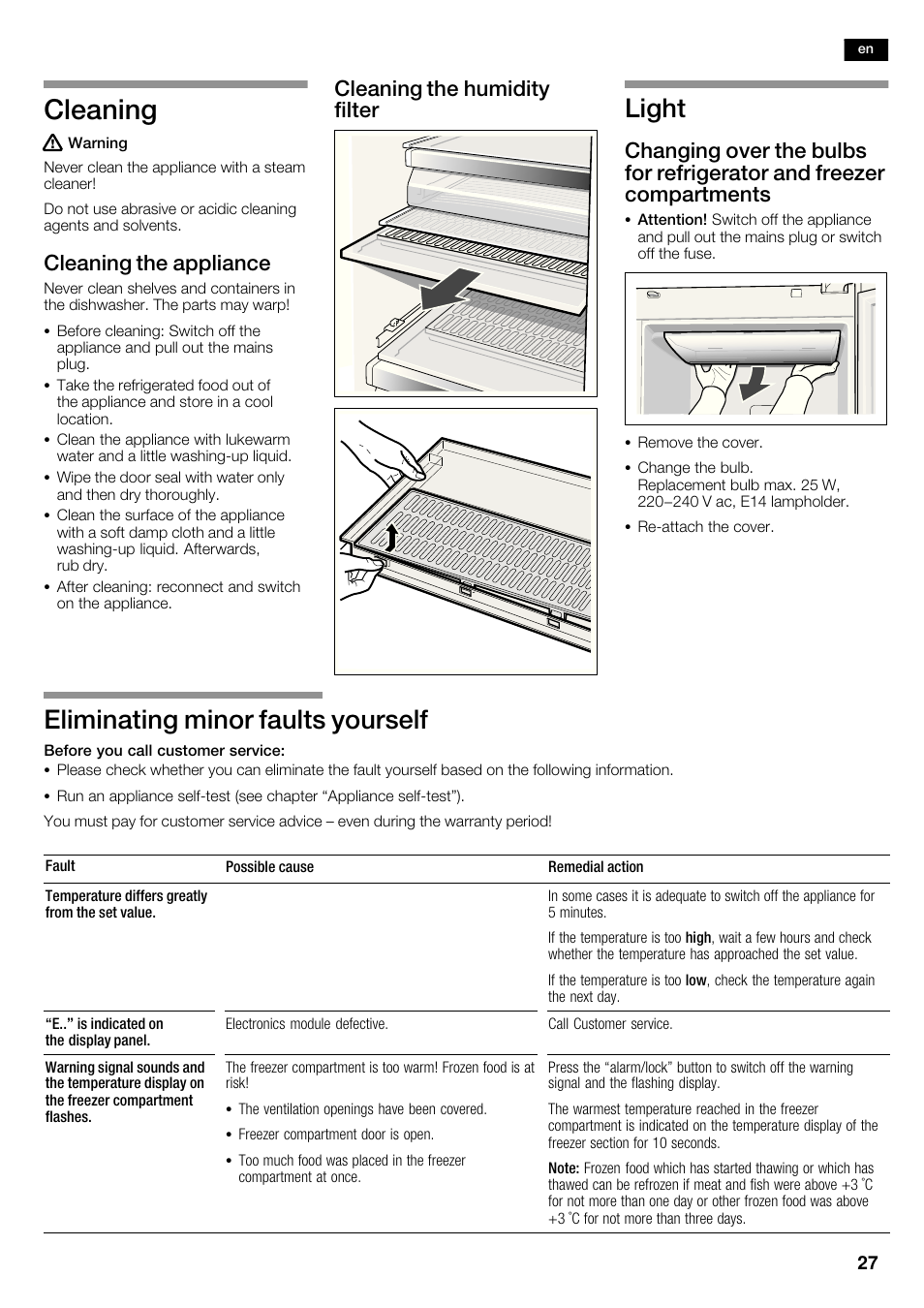 Cleaning, Light, Eliminating minor faults yourself | Cleaning the appliance, Cleaning the humidity filter | Siemens KA62NV40 User Manual | Page 27 / 71