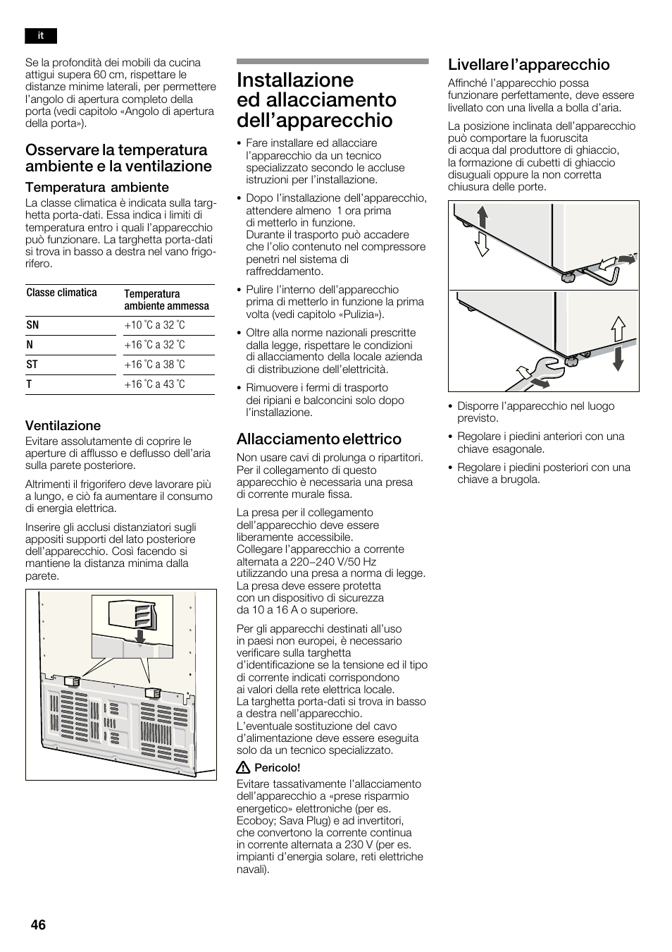 Installazione ed allacciamento dell'apparecchio, Allacciamento elettrico, Livellare l'apparecchio | Siemens KA62NV40 User Manual | Page 46 / 71