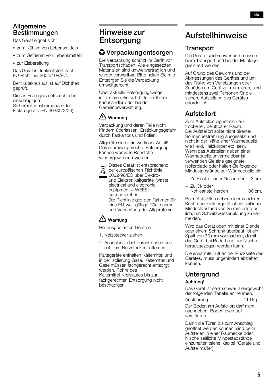 Aufstellhinweise, Hinweise zur entsorgung, Allgemeine bestimmungen | Xverpackung entsorgen, Transport, Aufstellort, Untergrund | Siemens KA62NV40 User Manual | Page 5 / 71