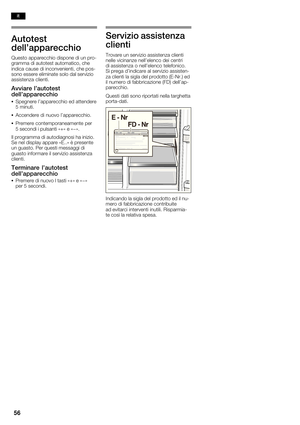 Autotest dell'apparecchio, Servizio assistenza clienti | Siemens KA62NV40 User Manual | Page 56 / 71