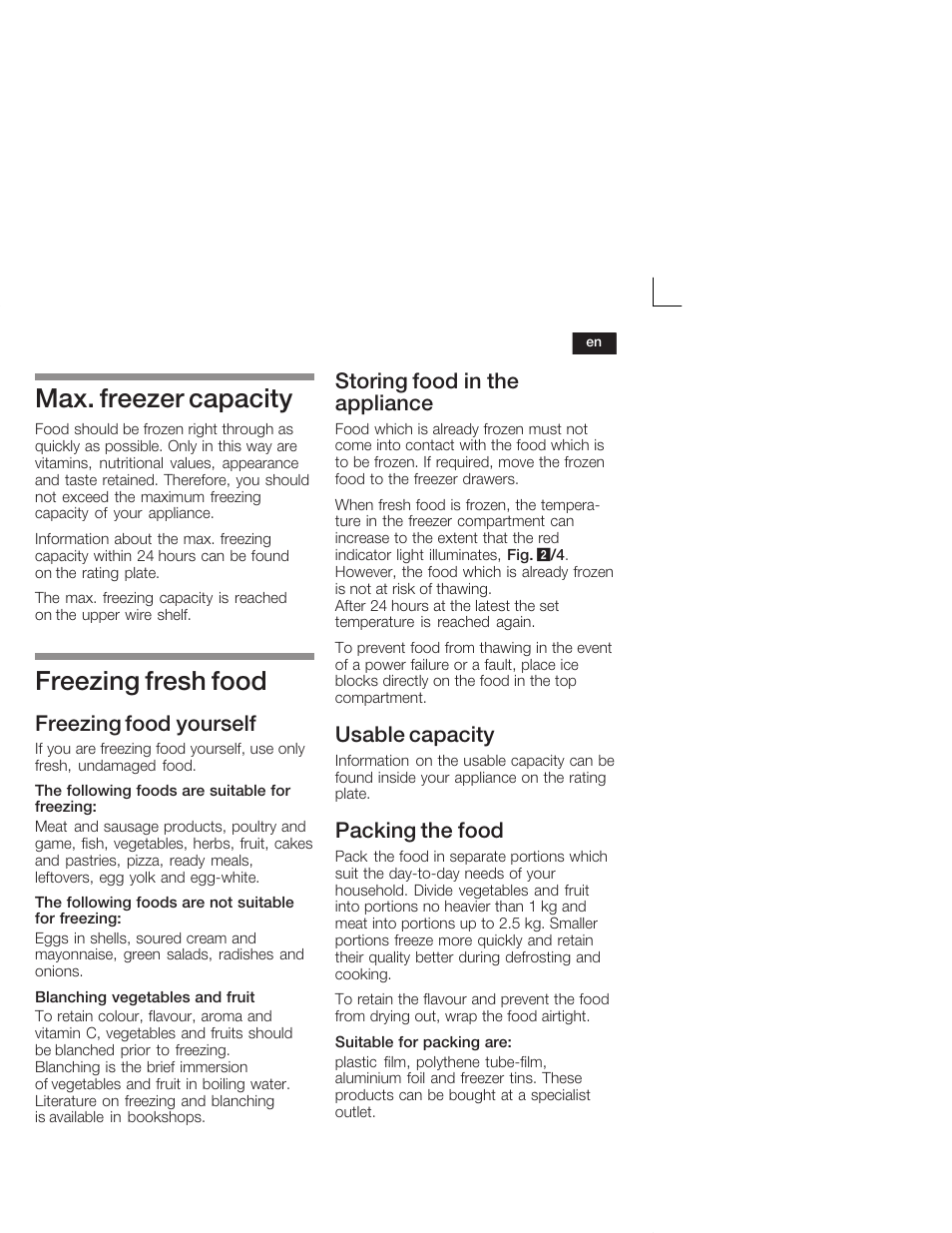 Max. freezer capacity, Freezing fresh food, Freezing food yourself | Storing food in the appliance, Usable capacity, Packing the food | Siemens GU15DA55 User Manual | Page 21 / 65