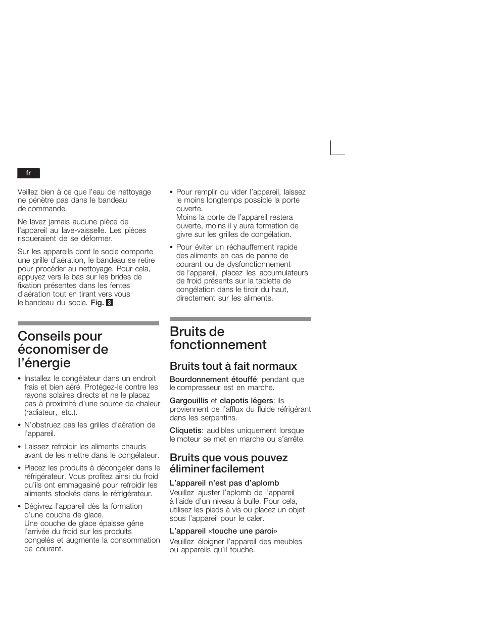 Conseils pour économiser de l'énergie, Bruits de fonctionnement, Bruits tout à fait normaux | Bruits que vous pouvez éliminer facilement | Siemens GU15DA55 User Manual | Page 36 / 65