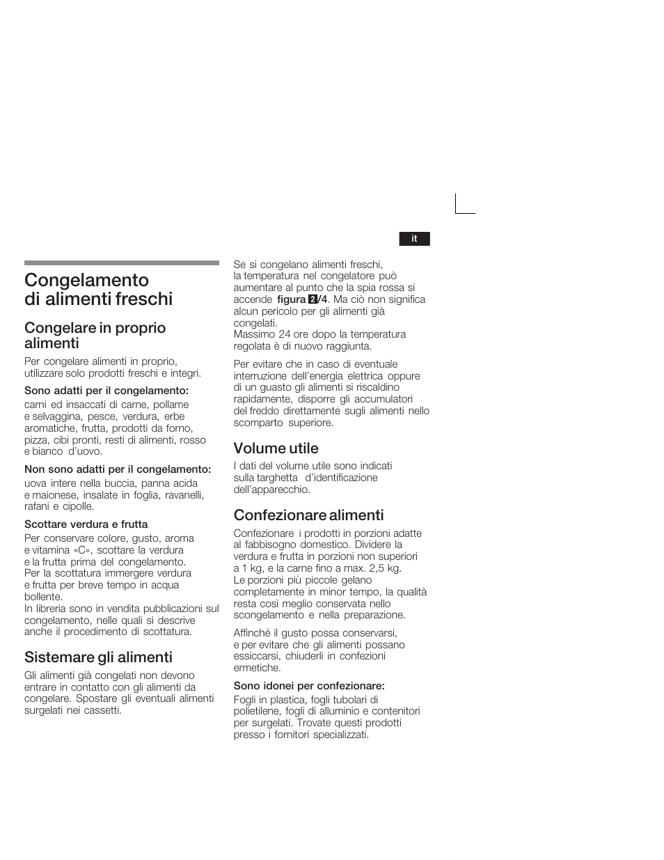 Congelamento di alimenti freschi, Congelare in proprio alimenti, Sistemare gli alimenti | Volume utile, Confezionare alimenti | Siemens GU15DA55 User Manual | Page 45 / 65