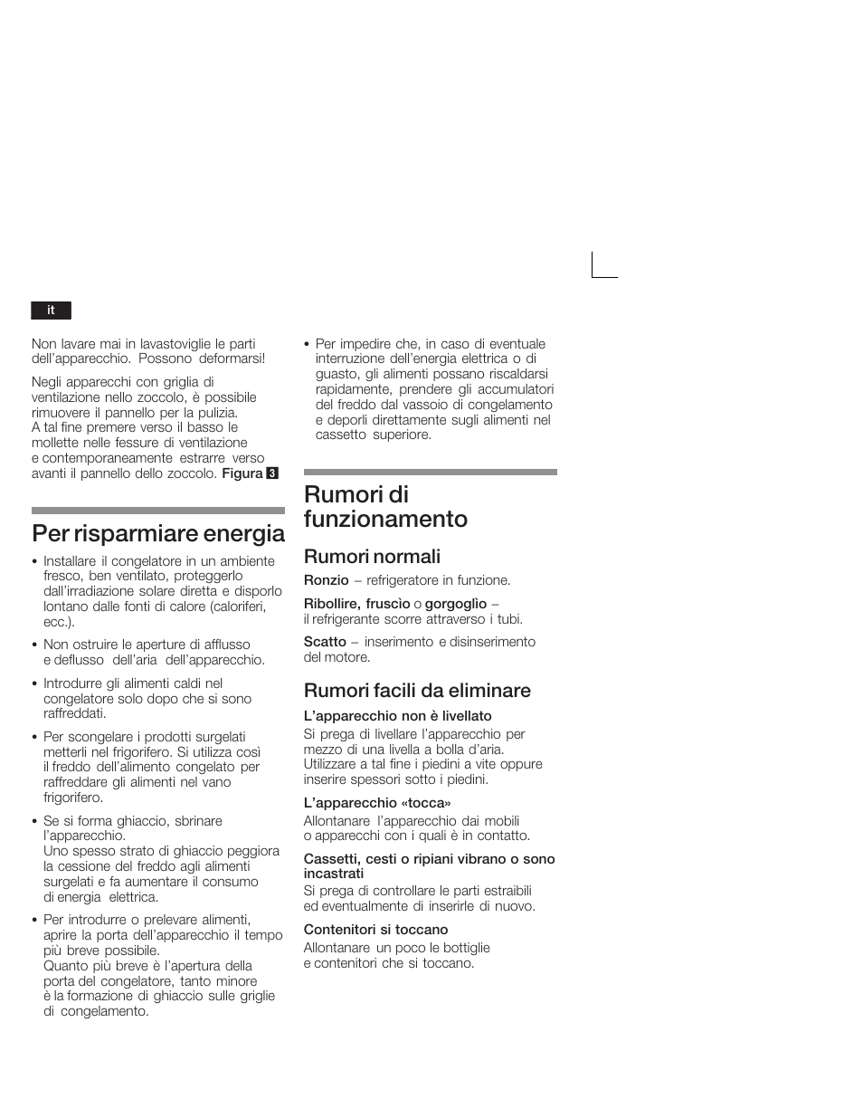 Per risparmiare energia, Rumori di funzionamento, Rumori normali | Rumori facili da eliminare | Siemens GU15DA55 User Manual | Page 48 / 65