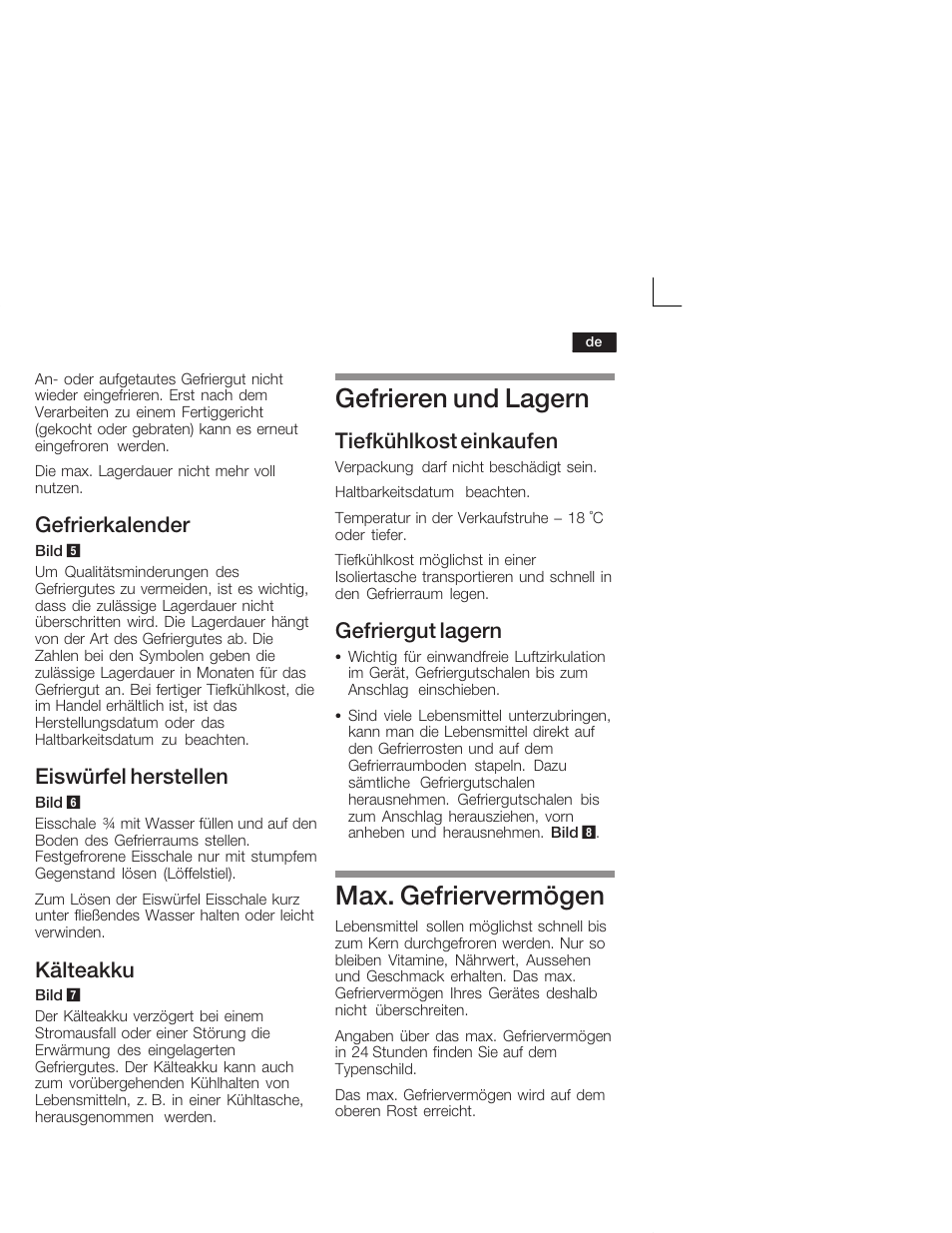 Gefrieren und lagern, Max. gefriervermögen, Gefrierkalender | Eiswürfel herstellen, Kälteakku, Tiefkühlkost einkaufen, Gefriergut lagern | Siemens GU15DA55 User Manual | Page 9 / 65