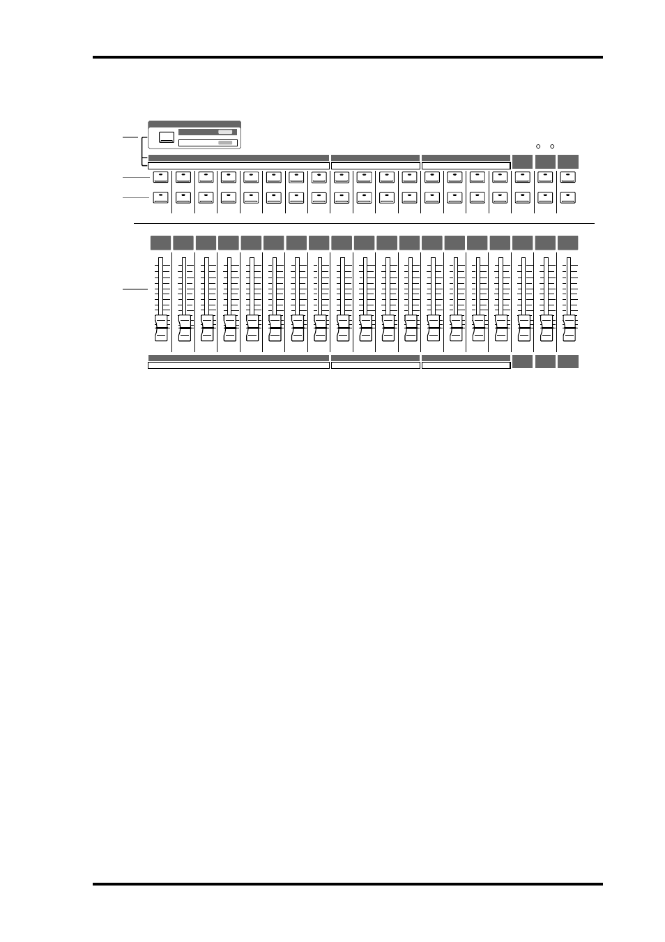 Mixing layer, sel buttons, on buttons, faders, Top panel, 03d—owner’s manual | ALESIS 03D User Manual | Page 25 / 302
