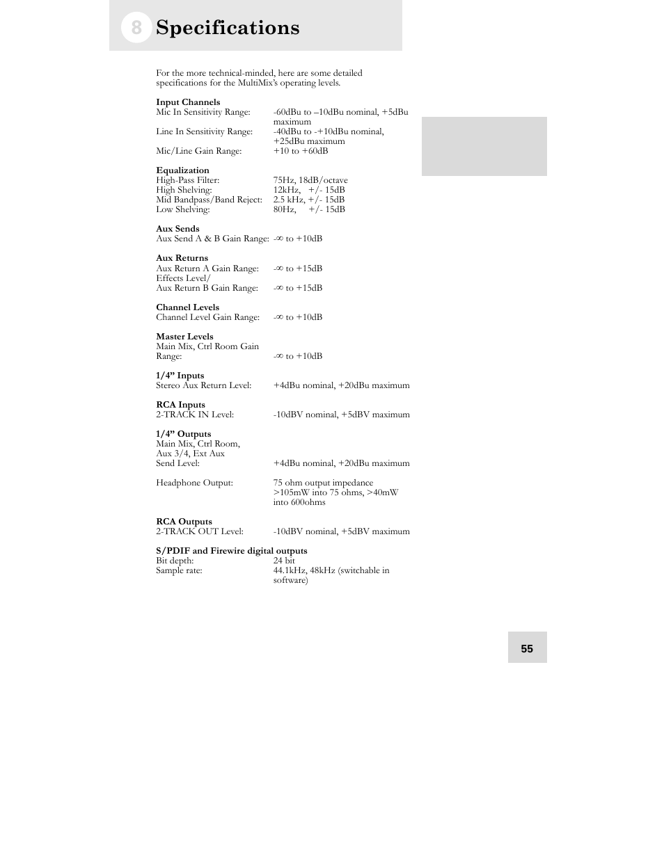 Specifications | ALESIS MultiMix 12 FireWire User Manual | Page 57 / 64