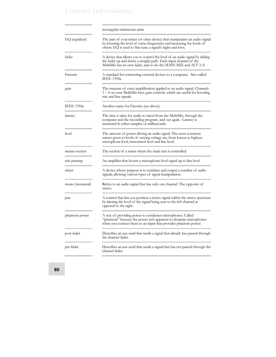 Contact information | ALESIS MultiMix 12 FireWire User Manual | Page 62 / 64