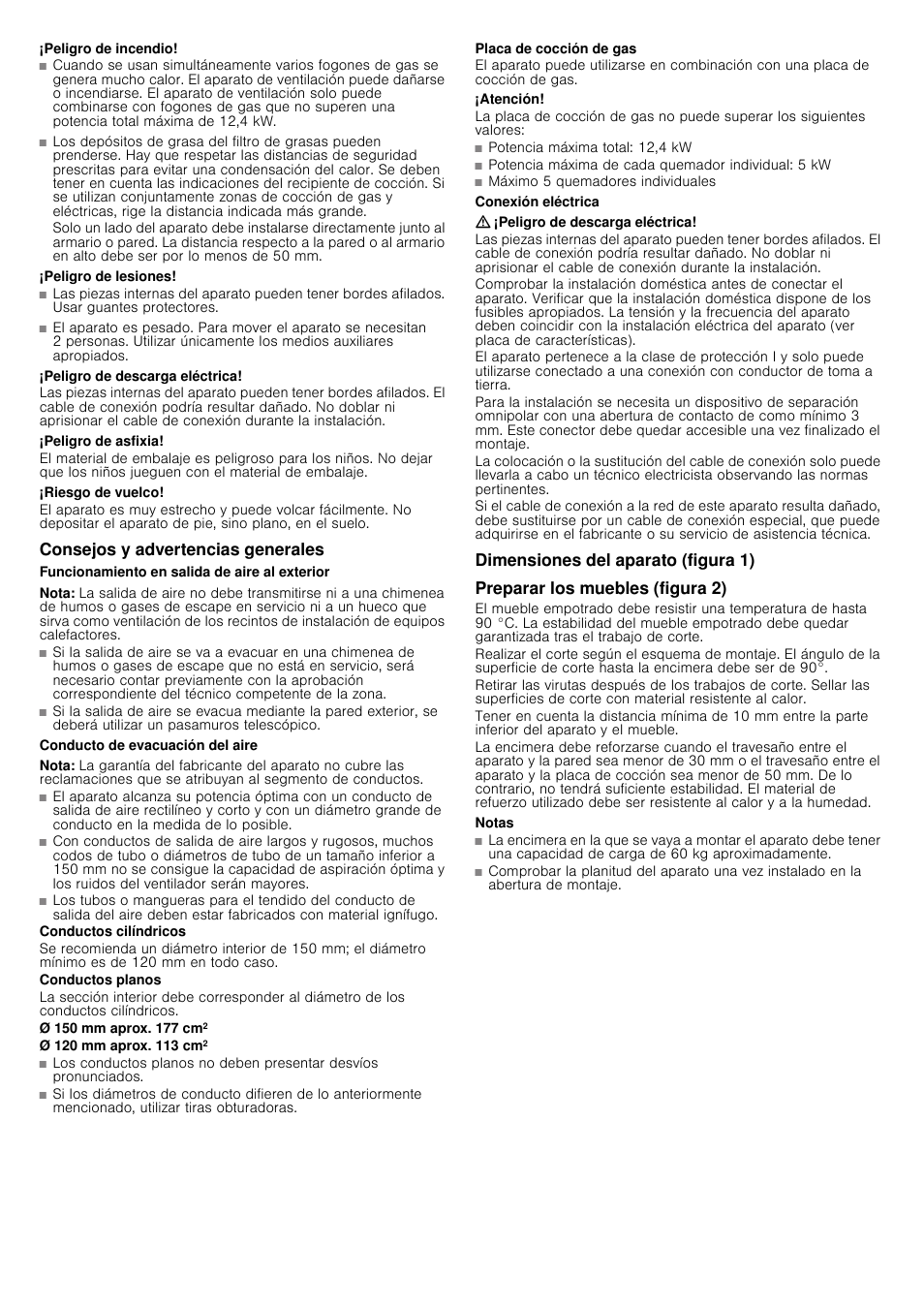 Peligro de incendio, Peligro de lesiones, Peligro de descarga eléctrica | Peligro de asfixia, Riesgo de vuelco, Consejos y advertencias generales, Funcionamiento en salida de aire al exterior, Nota, Conducto de evacuación del aire, Placa de cocción de gas | Siemens LD97AA670 User Manual | Page 12 / 24