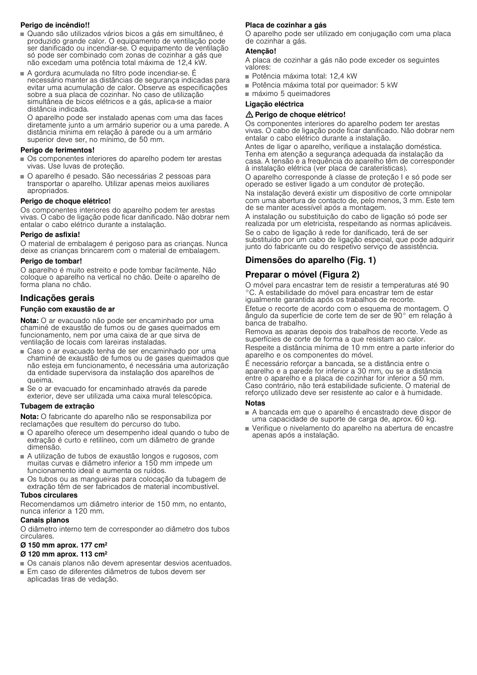 Perigo de incêndio, Perigo de ferimentos, Perigo de choque elétrico | Perigo de asfixia, Perigo de tombar, Indicações gerais, Função com exaustão de ar, Nota, Tubagem de extração, Placa de cozinhar a gás | Siemens LD97AA670 User Manual | Page 14 / 24