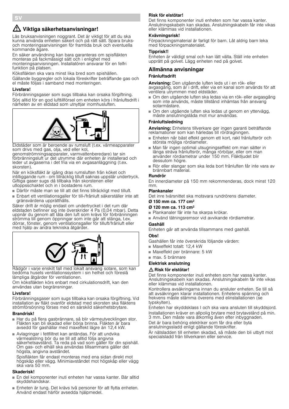 Ó monteringsanvisning, Viktiga säkerhetsanvisningar, Livsfara | Brandrisk, Skaderisk, Risk för elstötar, Kvävningsrisk, Tipprisk, Allmänna anvisningar, Frånluftsdrift | Siemens LD97AA670 User Manual | Page 22 / 24