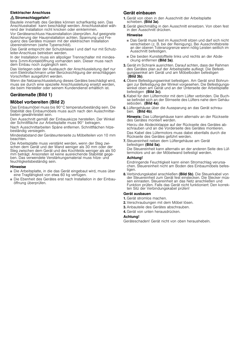 Elektrischer anschluss, Stromschlaggefahr, Gerätemaße (bild 1) | Möbel vorbereiten (bild 2), Hinweise, Gerät einbauen, Hinweis, Achtung, Gerät ausbauen, Gerät stromlos machen | Siemens LD97AA670 User Manual | Page 5 / 24