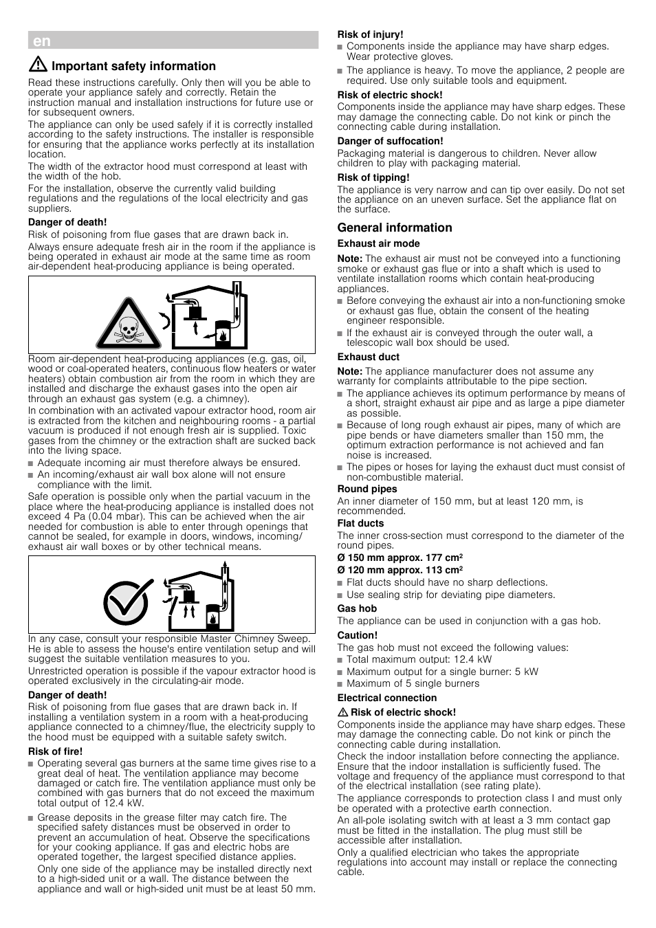 Ú installation instructions, Important safety information, Danger of death | Risk of fire, Risk of injury, Risk of electric shock, Danger of suffocation, Risk of tipping, General information, Exhaust air mode | Siemens LD97AA670 User Manual | Page 6 / 24