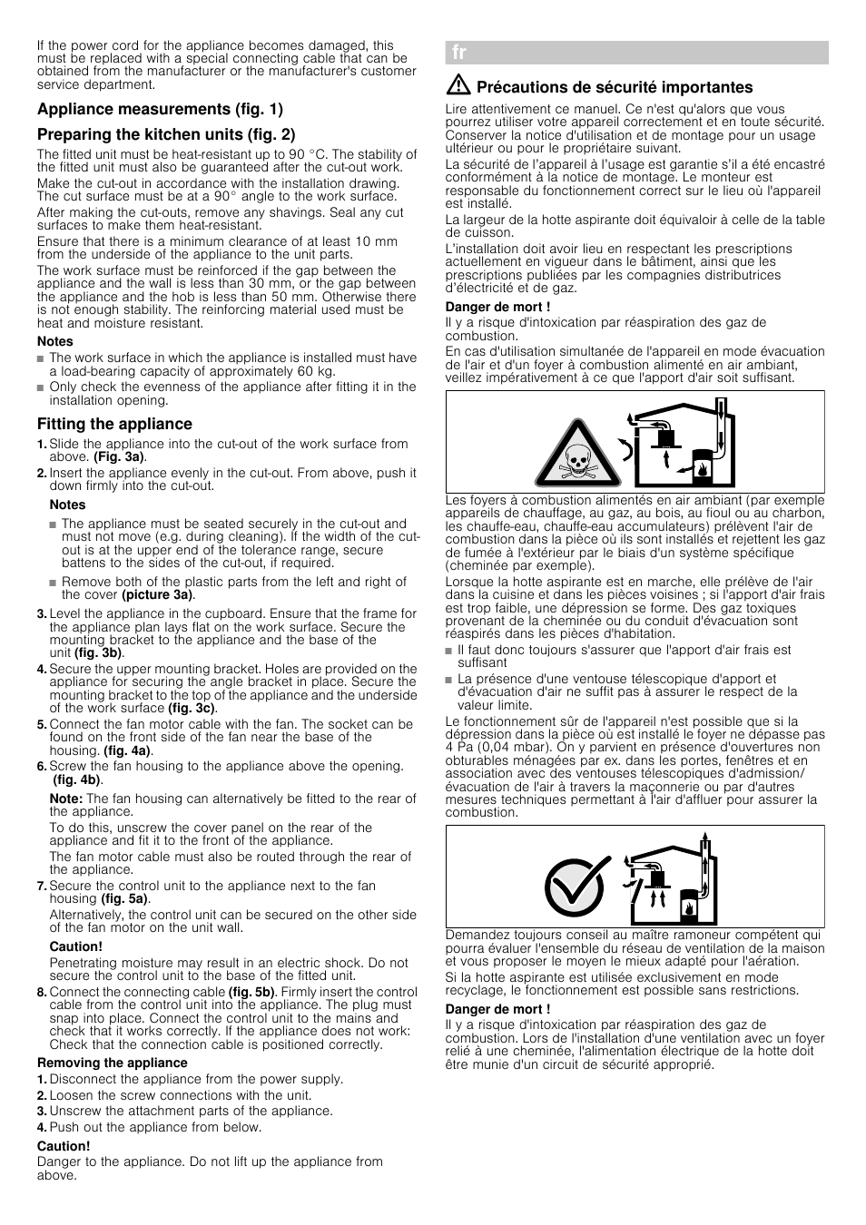 Appliance measurements (fig. 1), Preparing the kitchen units (fig. 2), Notes | Fitting the appliance, Note, Caution, Removing the appliance, Disconnect the appliance from the power supply, Loosen the screw connections with the unit, Unscrew the attachment parts of the appliance | Siemens LD97AA670 User Manual | Page 7 / 24