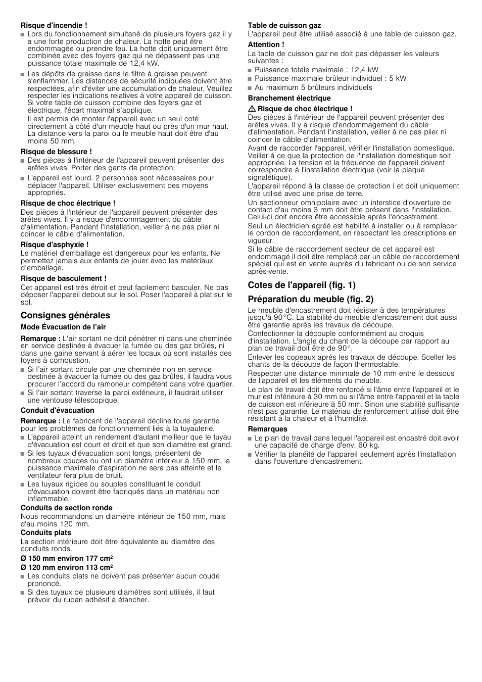 Risque d'incendie, Risque de blessure, Risque de choc électrique | Risque d'asphyxie, Risque de basculement, Consignes générales, Mode évacuation de l’air, Remarque, Conduit d'évacuation, Table de cuisson gaz | Siemens LD97AA670 User Manual | Page 8 / 24