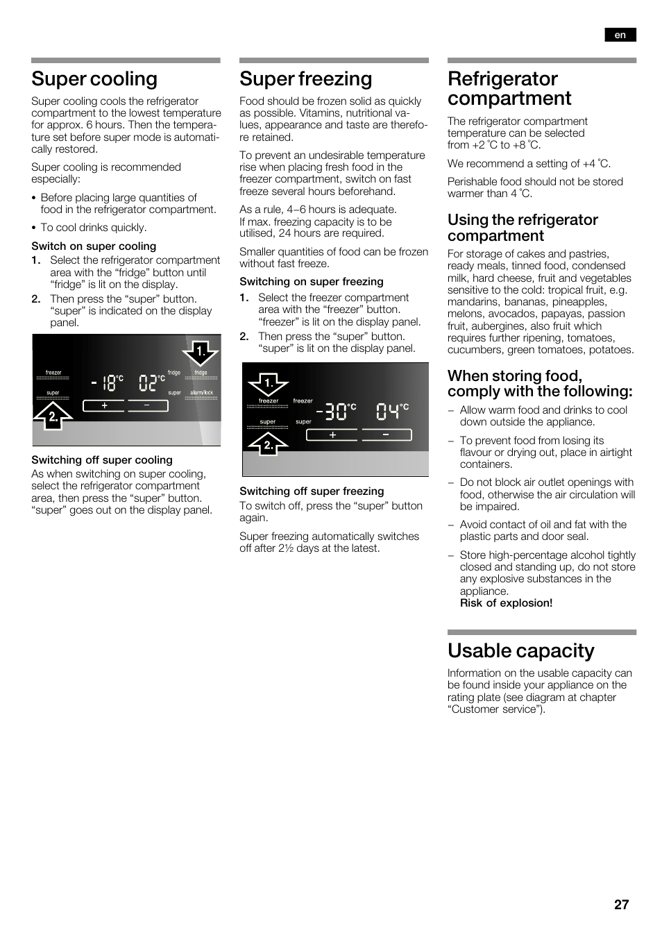 Super cooling, Super freezing, Refrigerator compartment | Usable capacity, Using the refrigerator compartment, When storing food, comply with the following | Siemens KA62NV40 User Manual | Page 27 / 94