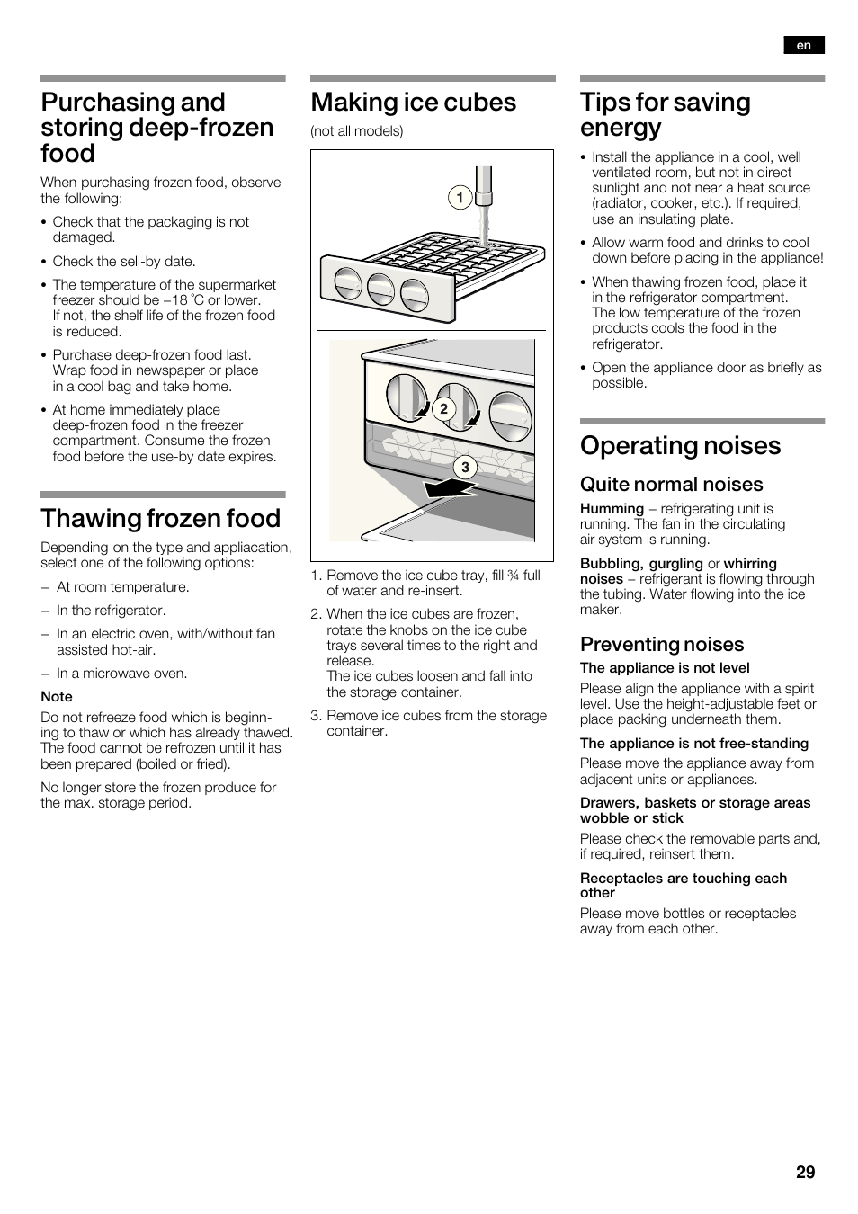 Purchasing and storing deepćfrozen food, Thawing frozen food, Making ice cubes | Tips for saving energy, Operating noises, Quite normal noises, Preventing noises | Siemens KA62NV40 User Manual | Page 29 / 94