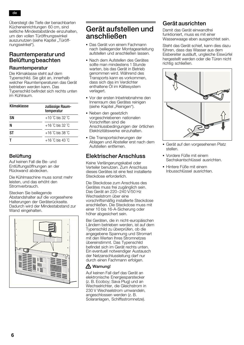 Gerät aufstellen und anschließen, Raumtemperatur und belüftung beachten, Elektrischer anschluss | Gerät ausrichten | Siemens KA62NV40 User Manual | Page 6 / 94