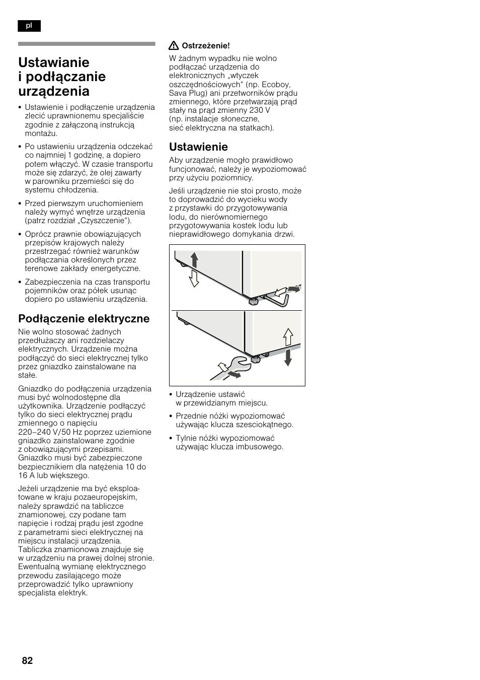 Ustawianie i pod³¹czanie urz¹dzenia, Pod³¹czenie elektryczne, Ustawienie | Siemens KA62NV40 User Manual | Page 82 / 94