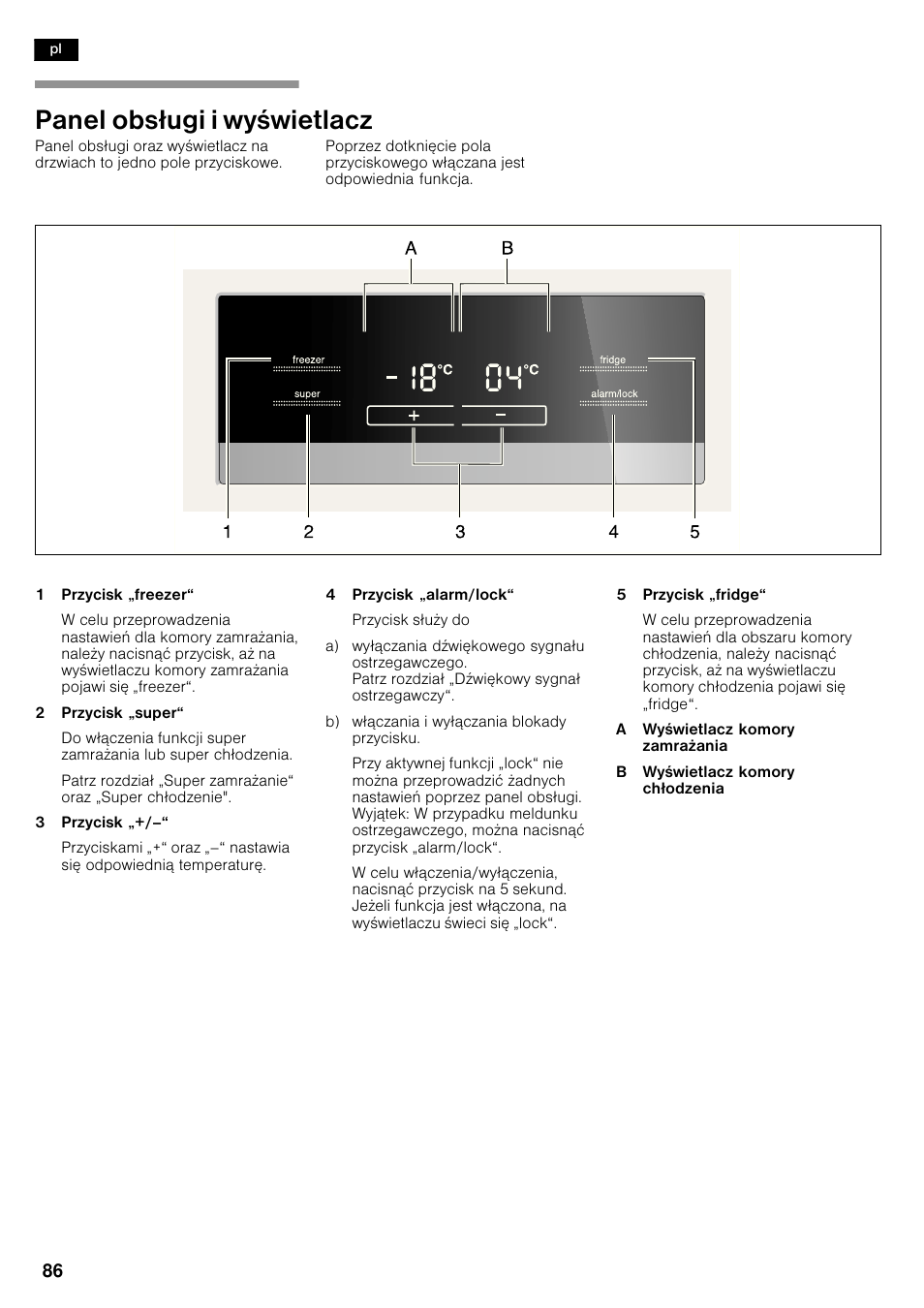 Panel obs³ugi i wywietlacz | Siemens KA62NV40 User Manual | Page 86 / 94