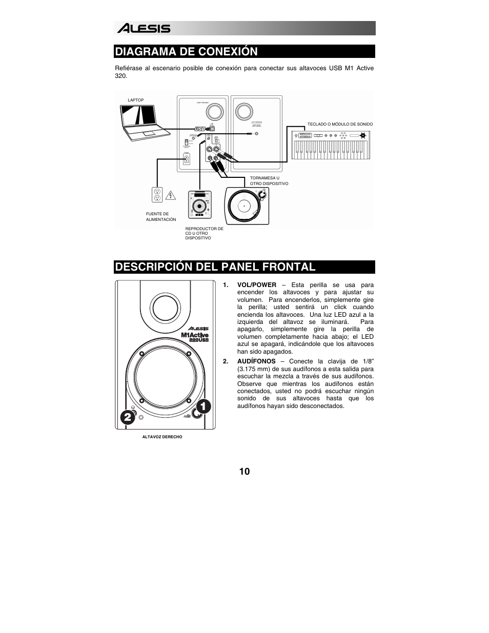 Diagrama de conexión, Descripción del panel frontal | ALESIS 320USB User Manual | Page 12 / 44