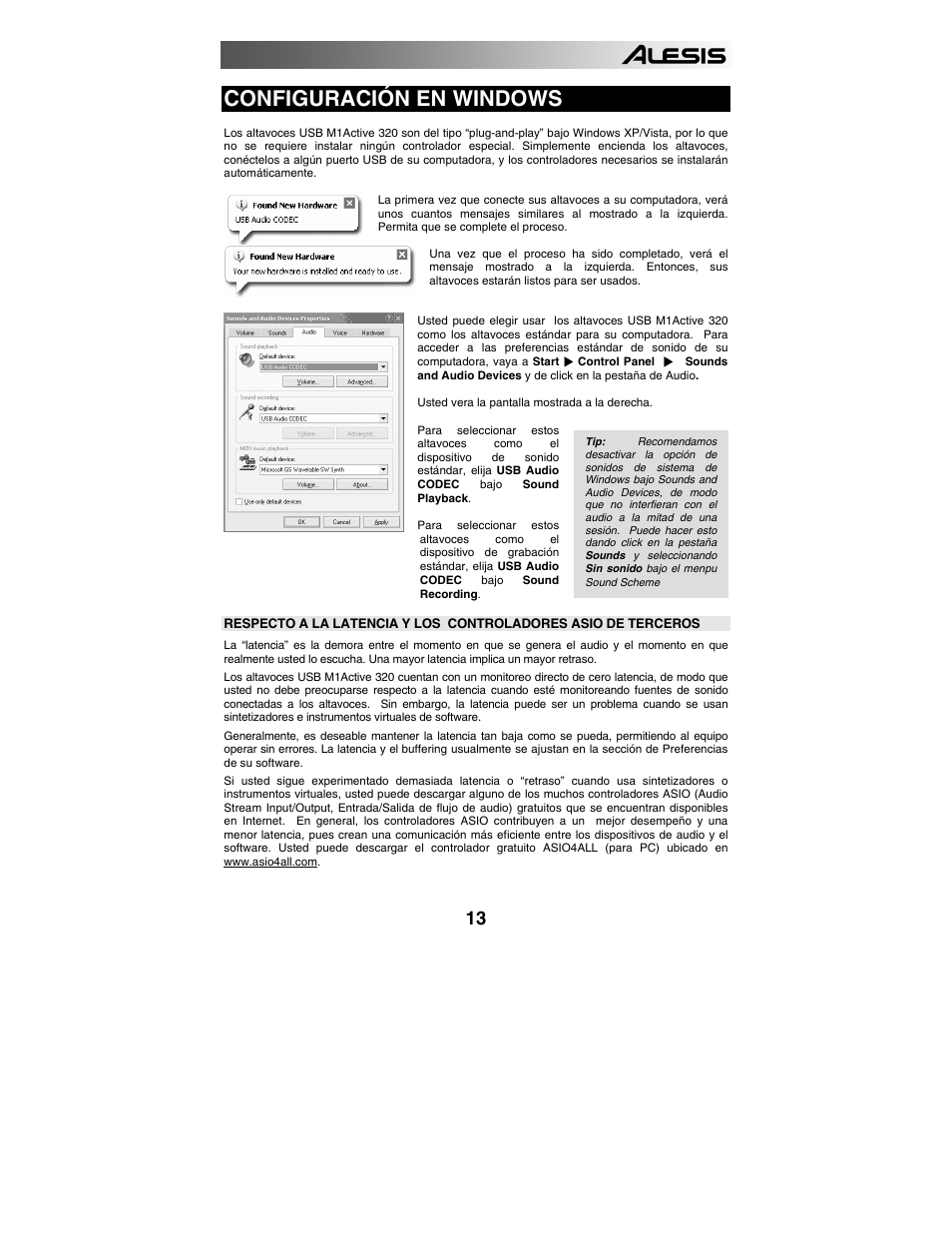 Configuración en windows | ALESIS 320USB User Manual | Page 15 / 44