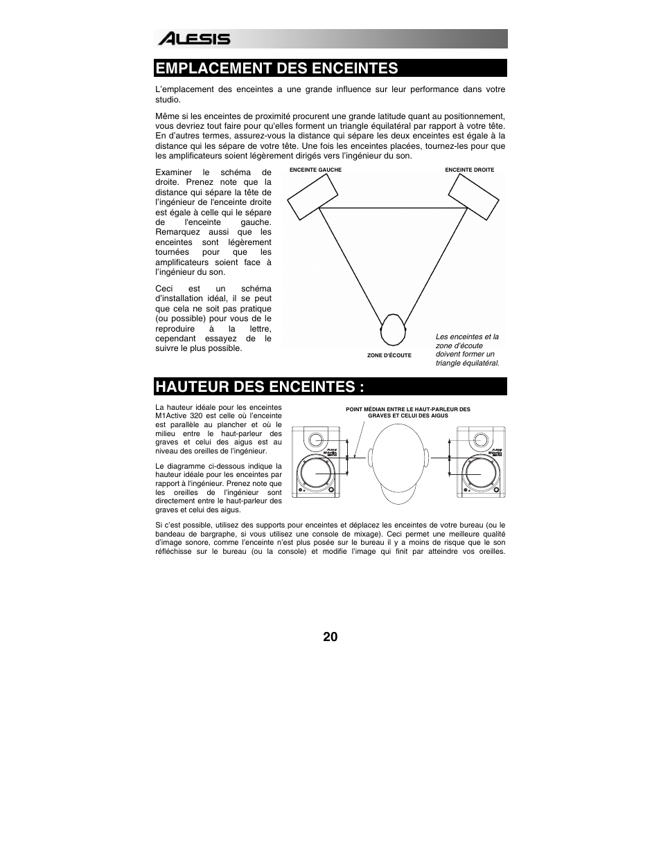 Emplacement des enceintes, Hauteur des enceintes | ALESIS 320USB User Manual | Page 22 / 44