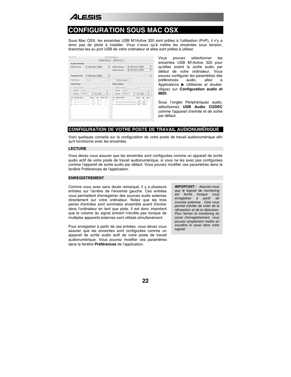 Configuration sous mac osx | ALESIS 320USB User Manual | Page 24 / 44