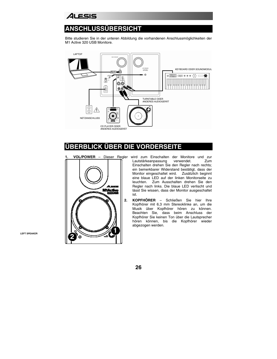 Anschlussübersicht, Überblick über die vorderseite | ALESIS 320USB User Manual | Page 28 / 44