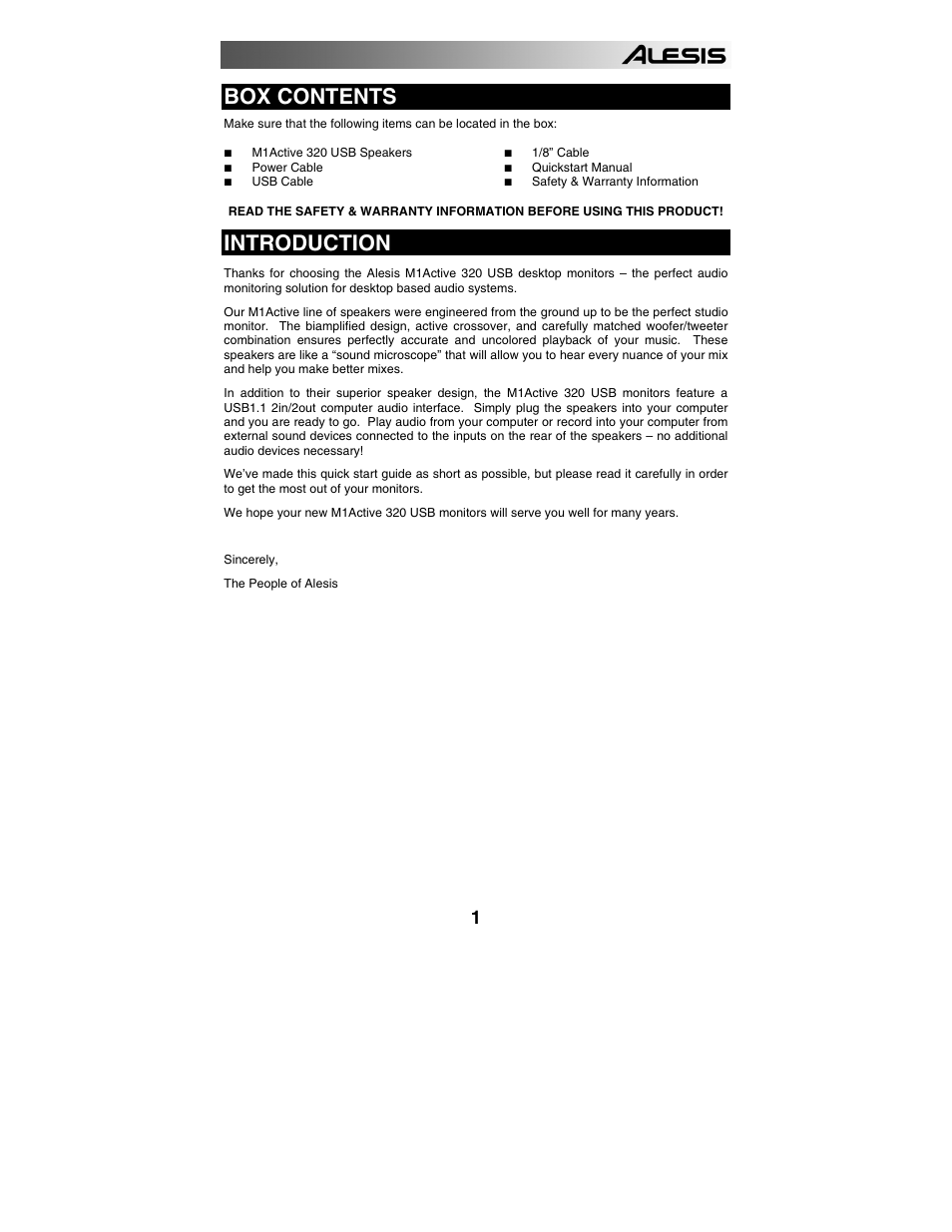 Box contents, Introduction | ALESIS 320USB User Manual | Page 3 / 44