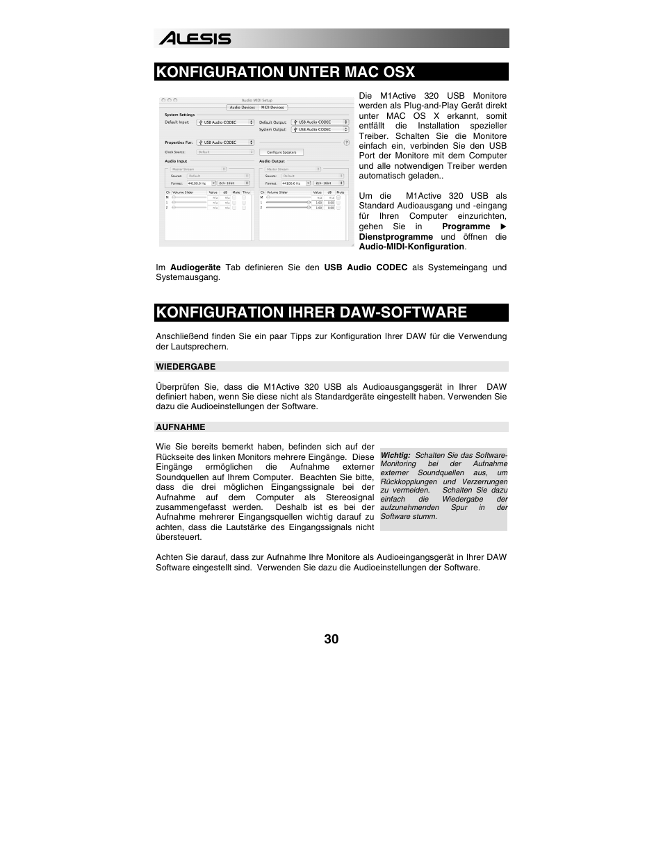 Konfiguration unter mac osx, Konfiguration ihrer daw-software | ALESIS 320USB User Manual | Page 32 / 44