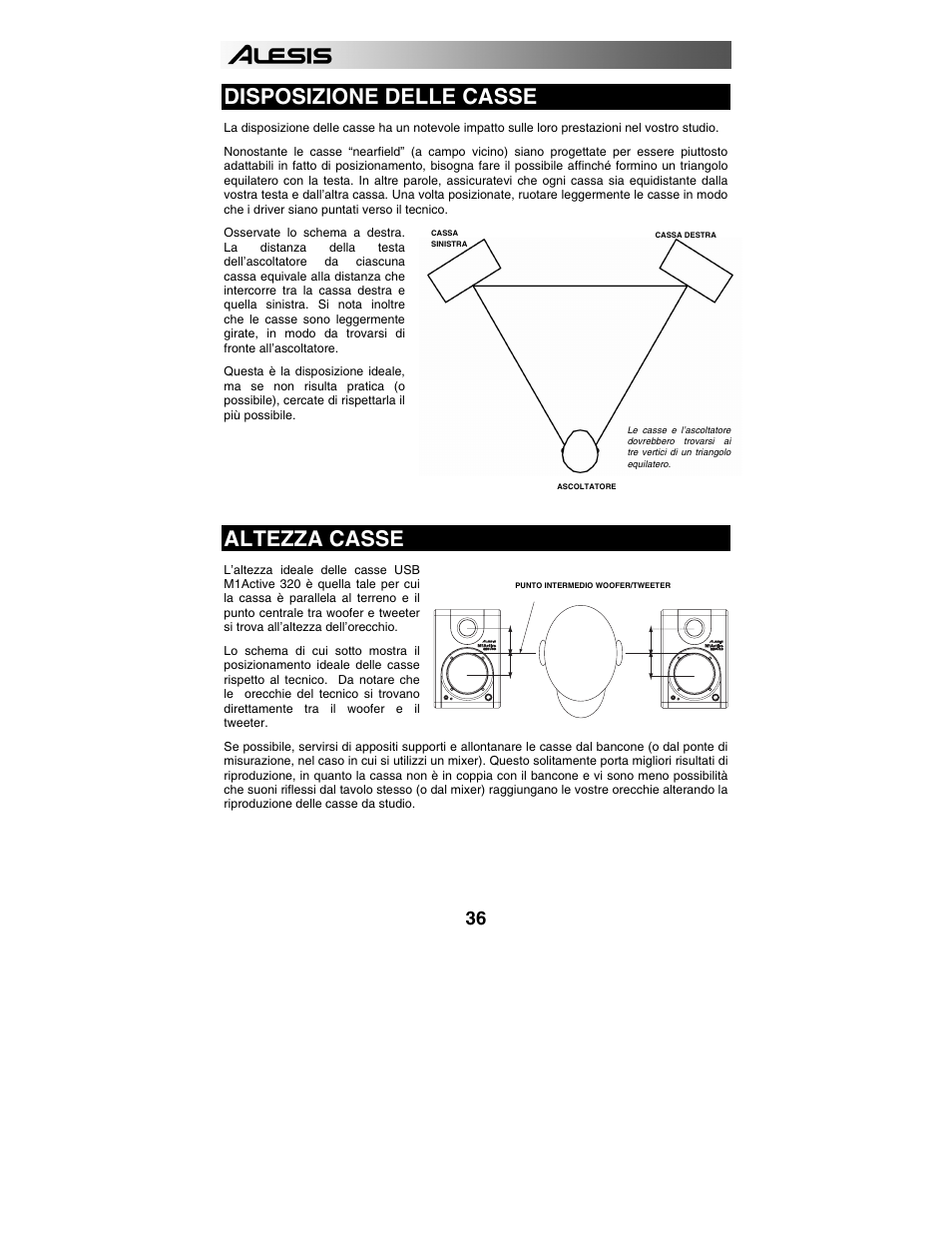 Disposizione delle casse, Altezza casse | ALESIS 320USB User Manual | Page 38 / 44