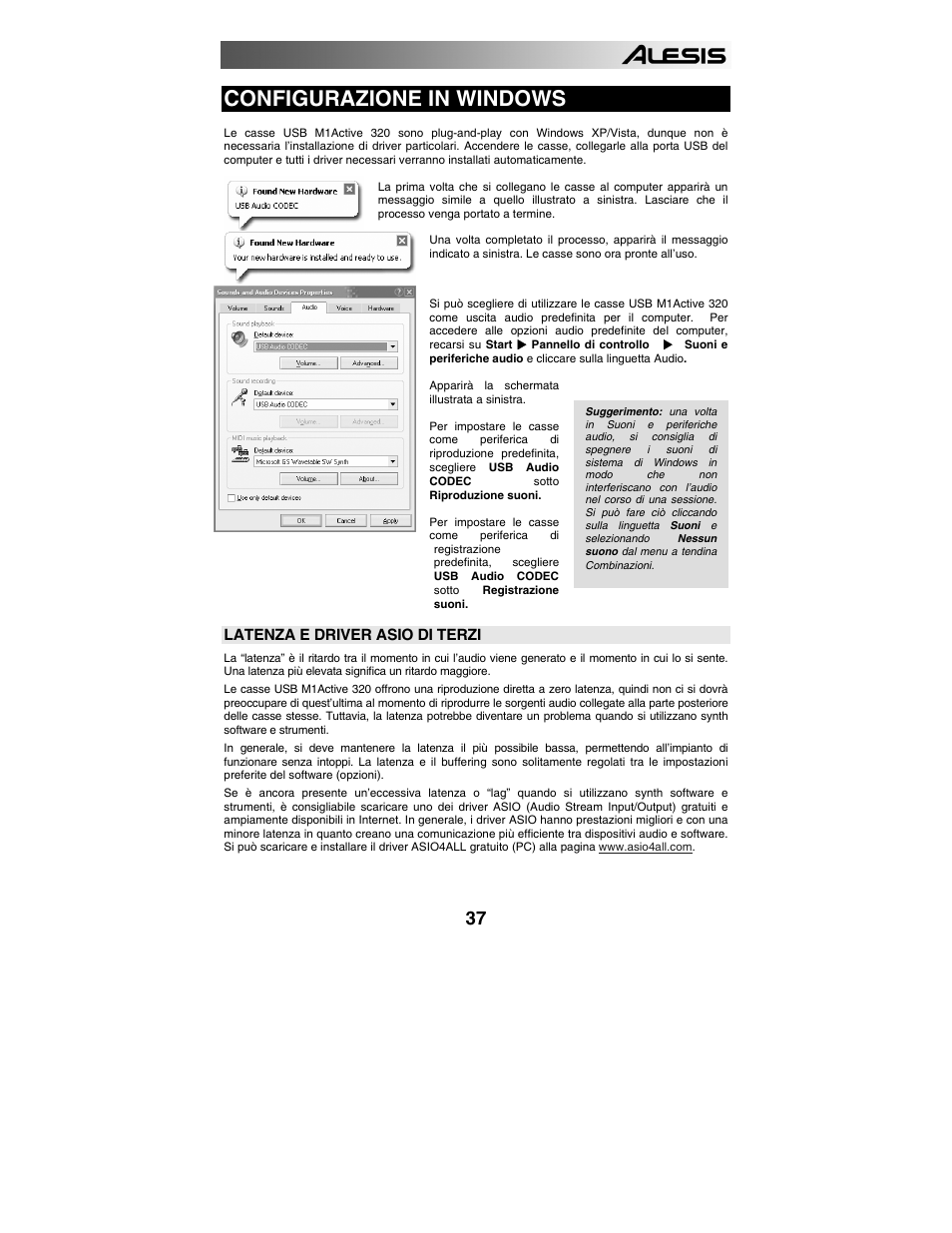 Configurazione in windows | ALESIS 320USB User Manual | Page 39 / 44