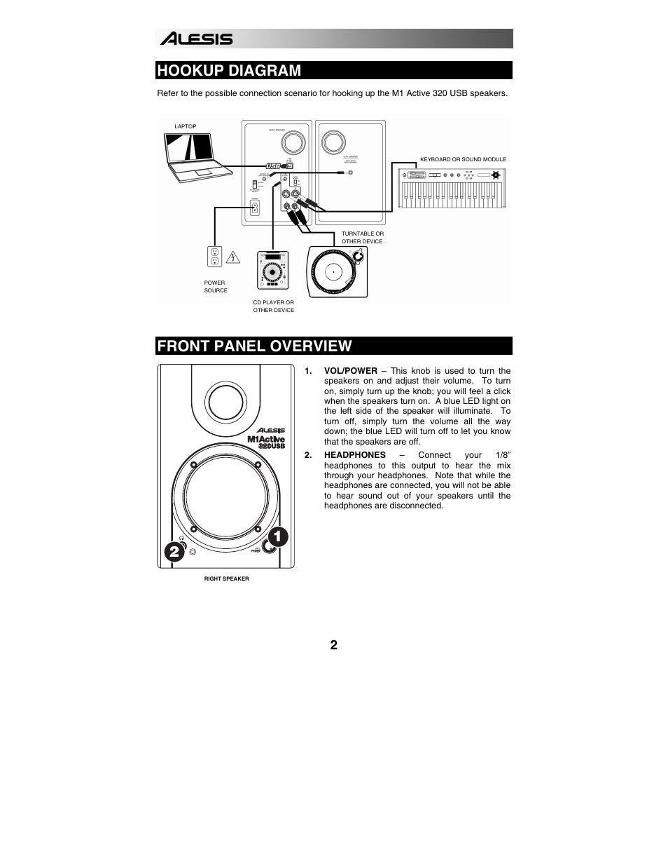 Hookup diagram, Front panel overview | ALESIS 320USB User Manual | Page 4 / 44