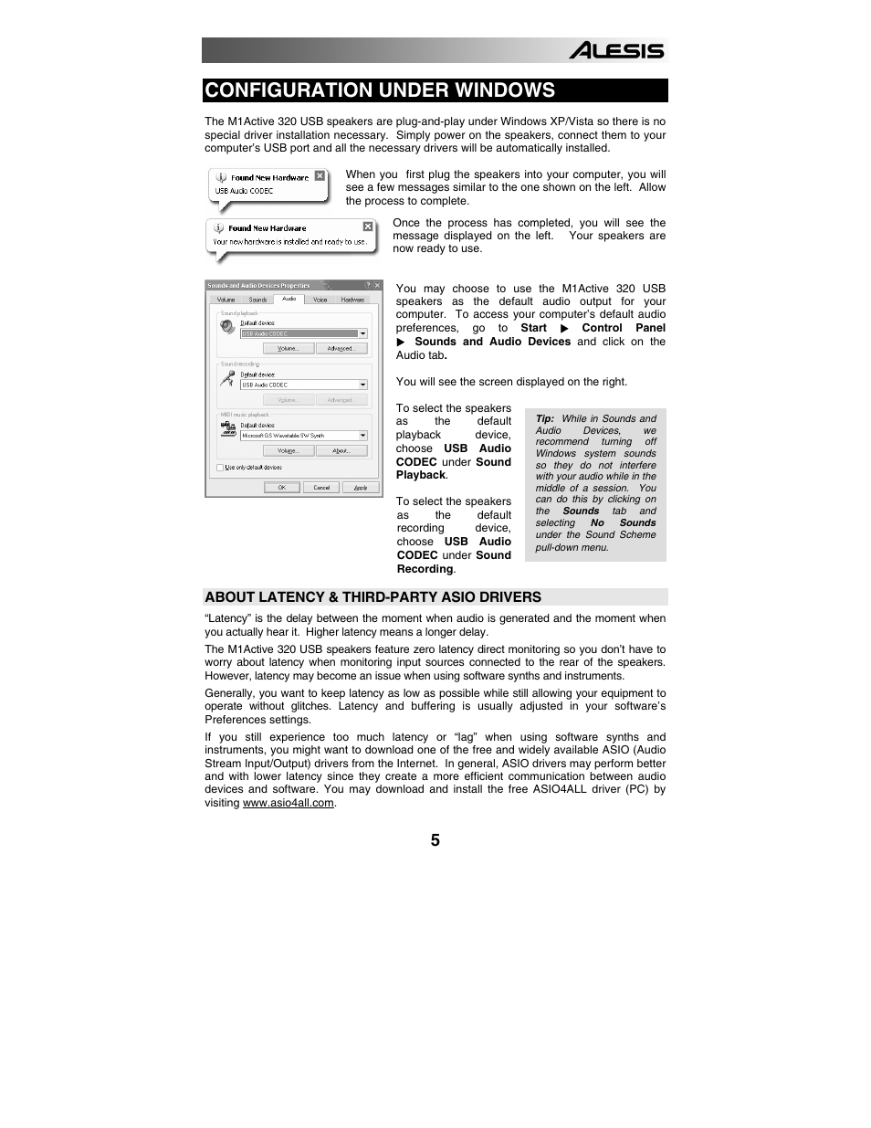 Configuration under windows | ALESIS 320USB User Manual | Page 7 / 44