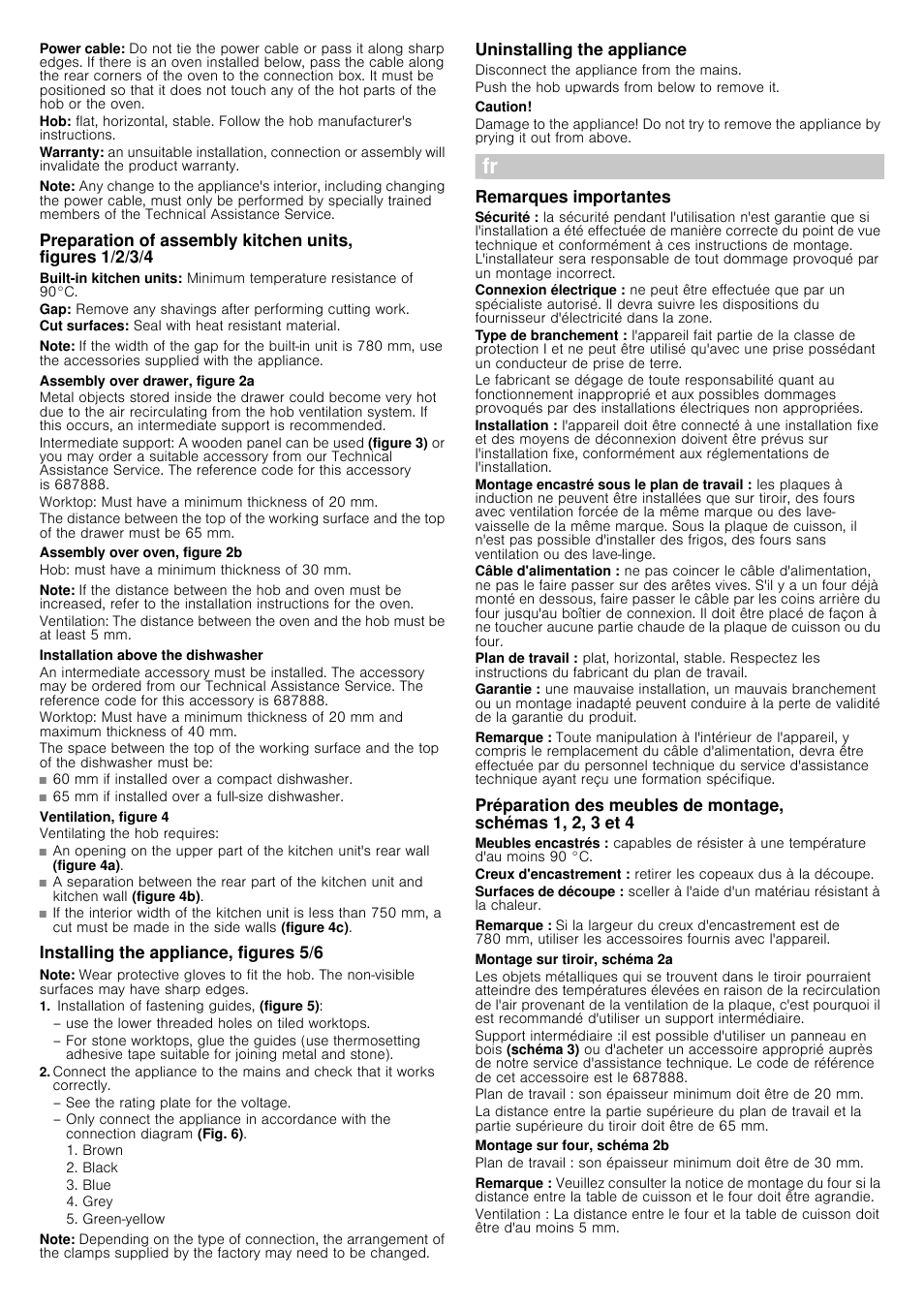 Note, Assembly over drawer, figure 2a, Assembly over oven, figure 2b | Installation above the dishwasher, Ventilation, figure 4, Installing the appliance, figures 5/6, Installation of fastening guides, (figure 5), Uninstalling the appliance, Caution, Remarques importantes | Siemens EH875FM27E User Manual | Page 5 / 14