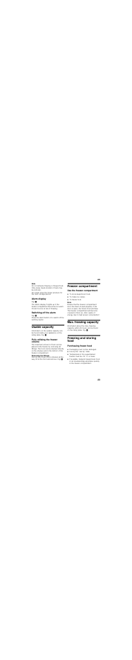 Alarm display, Switching off the alarm, Usable capacity | Fully utilising the freezer volume, Removing the fittings, Freezer compartment, Use the freezer compartment, To store deep-frozen food, To make ice cubes, To freeze food | Siemens GU15DA55 User Manual | Page 23 / 75