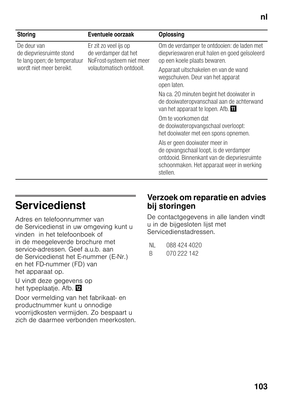 Servicedienst, Verzoek om reparatie en advies bij storingen, Nl 103 | Siemens KG49NSW31 User Manual | Page 103 / 108