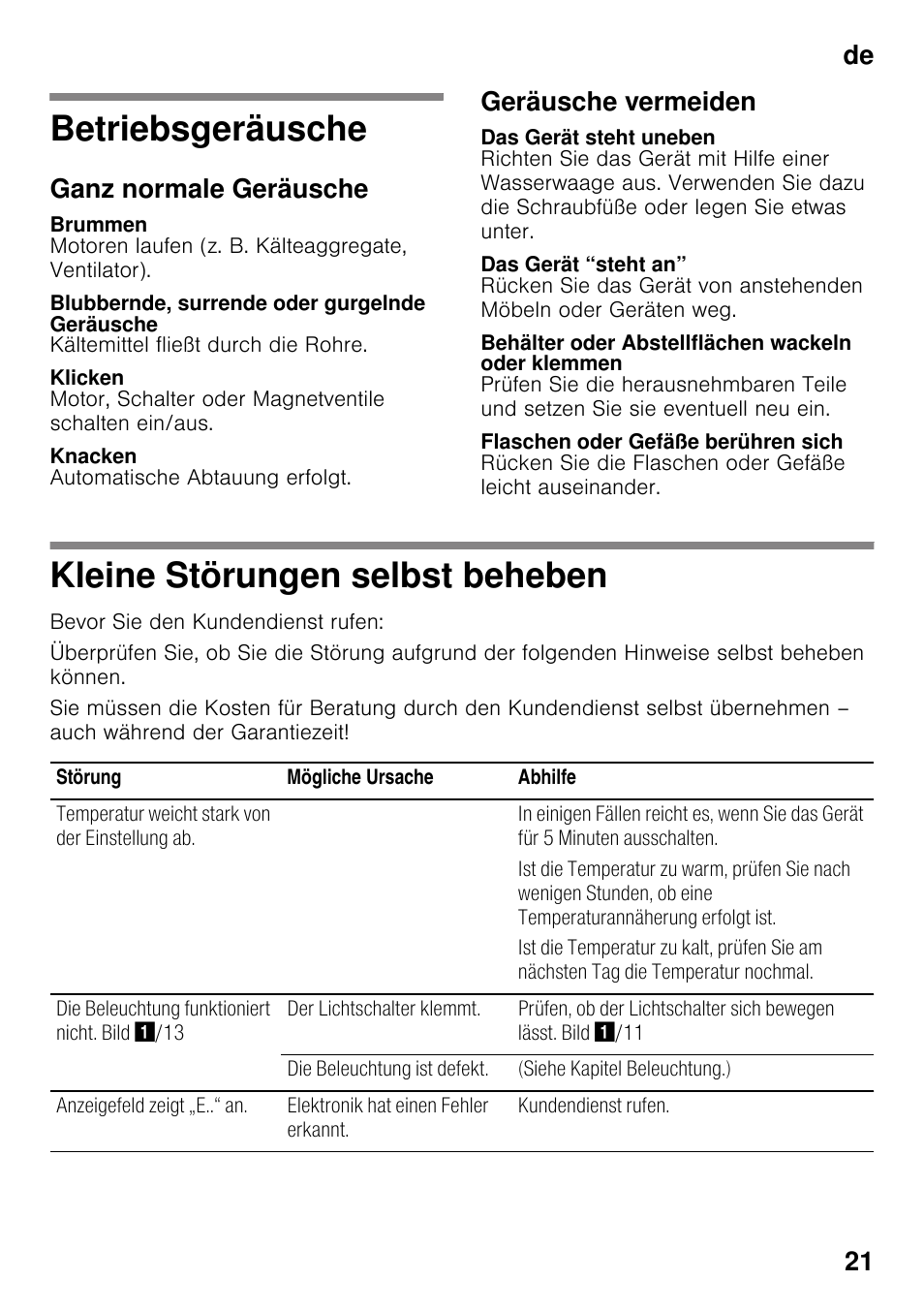 Betriebsgeräusche, Ganz normale geräusche, Brummen | Blubbernde, surrende oder gurgelnde geräusche, Klicken, Knacken, Geräusche vermeiden, Das gerät steht uneben, Das gerät “steht an, Behälter oder abstellflächen wackeln oder klemmen | Siemens KG49NSW31 User Manual | Page 21 / 108