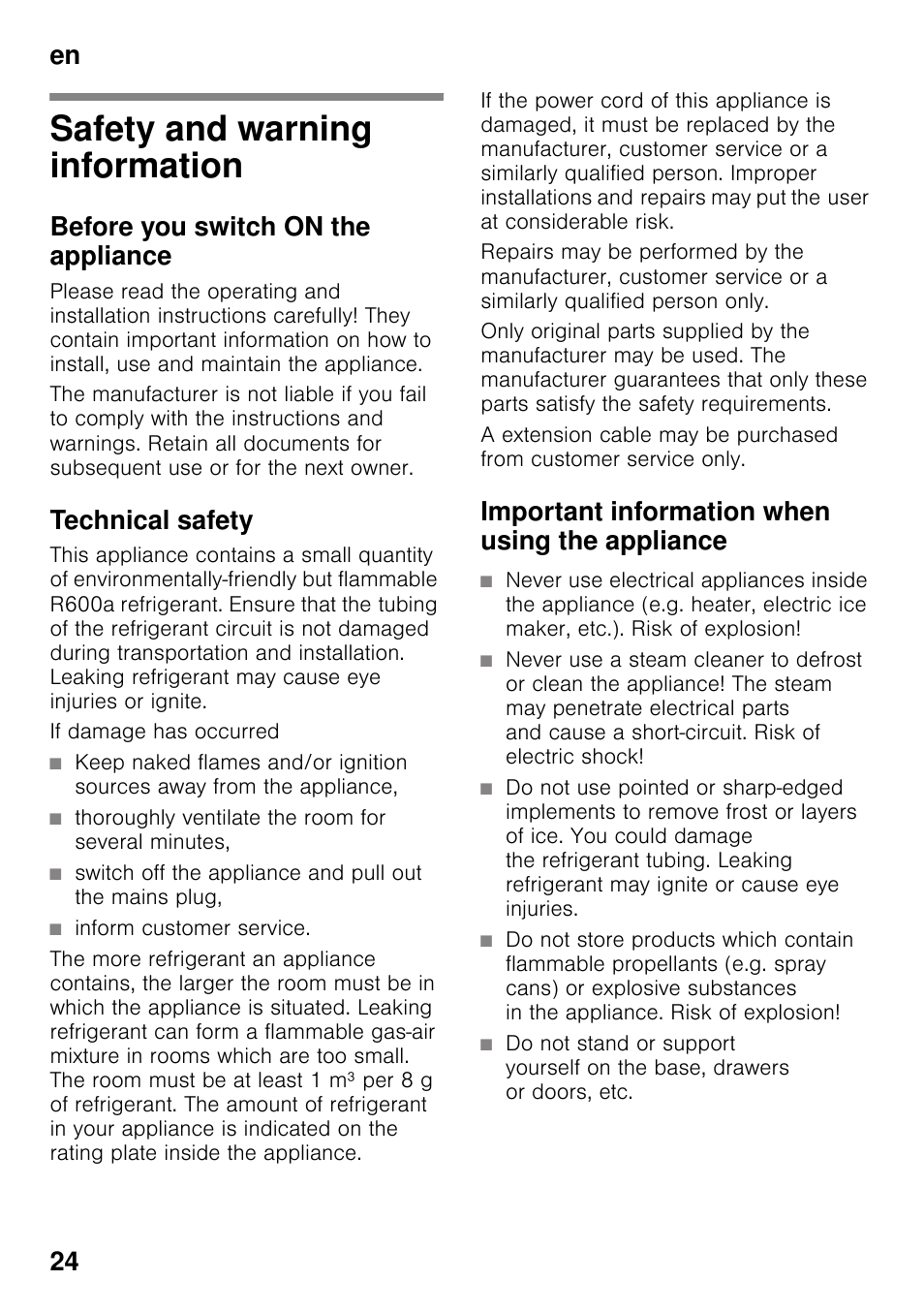 En table of contentsen instruction for use, Safety and warning information, Before you switch on the appliance | Technical safety, If damage has occurred, Thoroughly ventilate the room for several minutes, Inform customer service, Important information when using the appliance, Instruction for use, En 24 | Siemens KG49NSW31 User Manual | Page 24 / 108