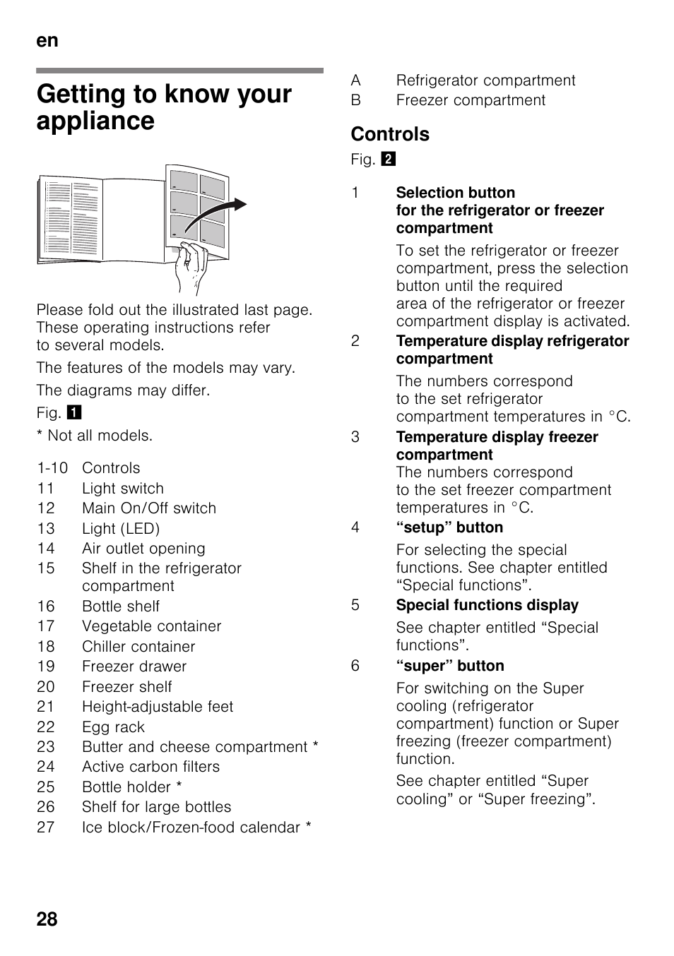 Getting to know your appliance, Controls, En 28 | Siemens KG49NSW31 User Manual | Page 28 / 108