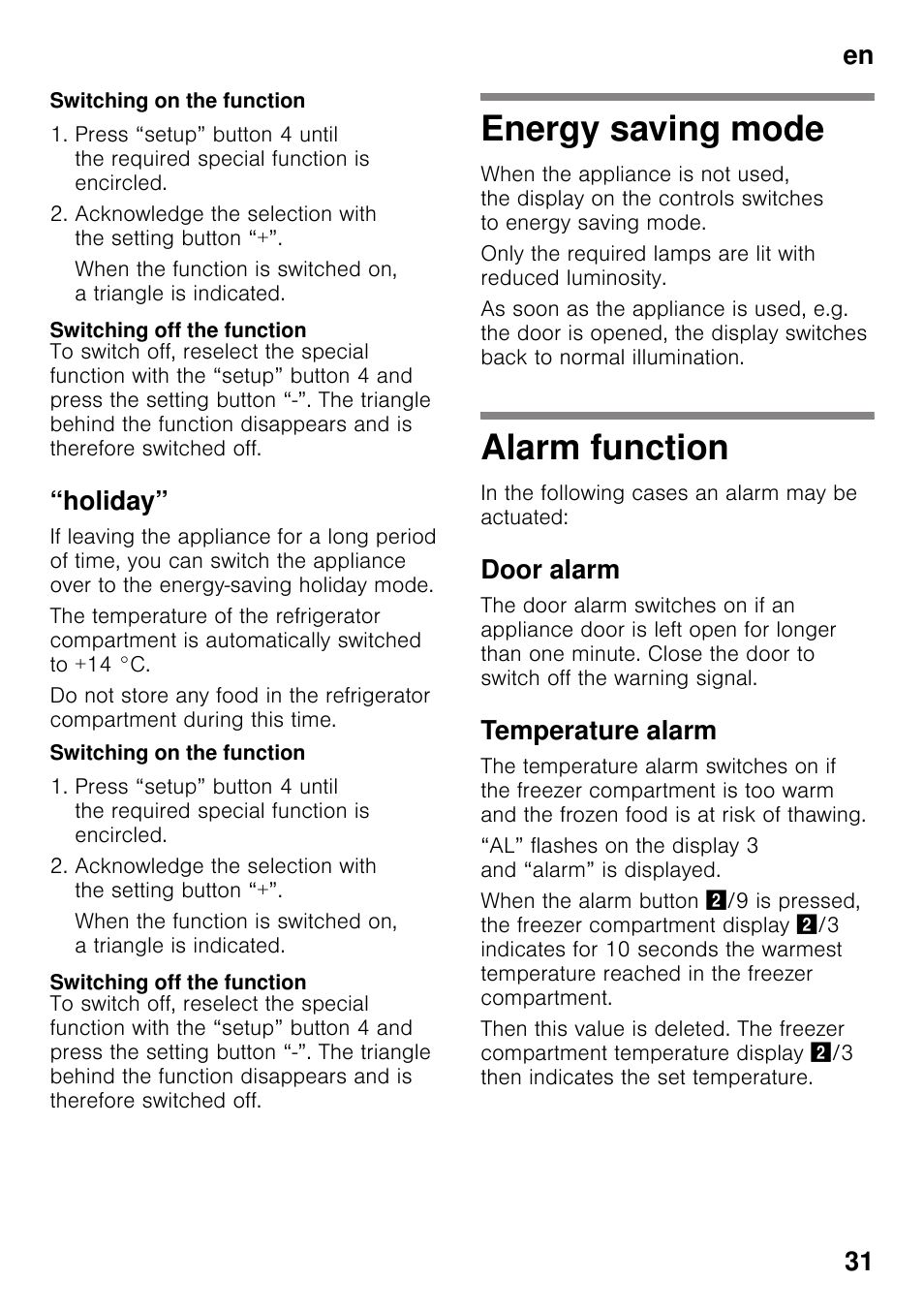 Switching on the function, Switching off the function, Holiday | Energy saving mode, Alarm function, Door alarm, Temperature alarm, Energy saving mode alarm function, En 31 | Siemens KG49NSW31 User Manual | Page 31 / 108