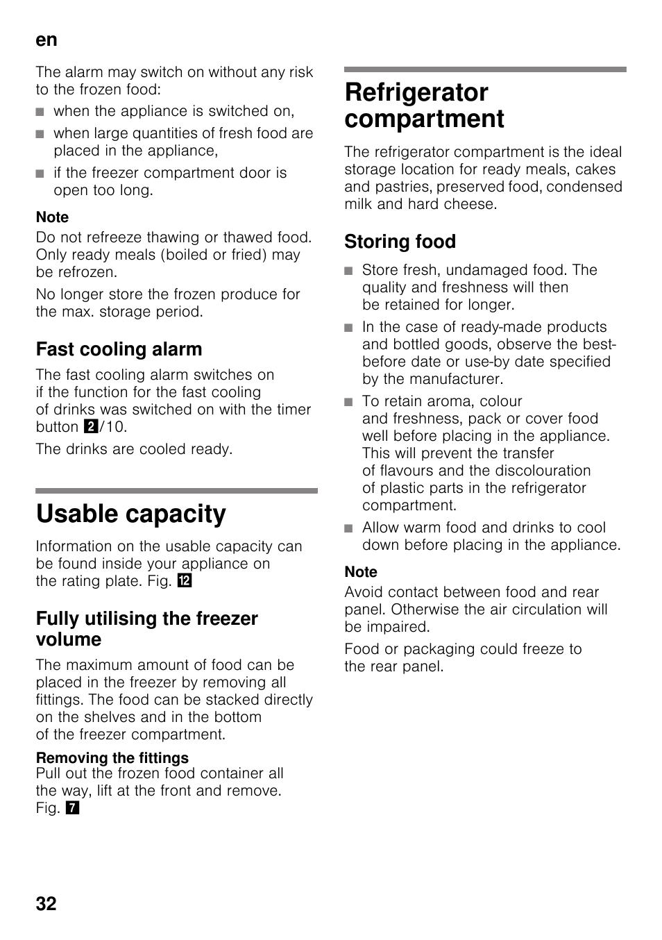 When the appliance is switched on, If the freezer compartment door is open too long, Fast cooling alarm | Usable capacity, Fully utilising the freezer volume, Removing the fittings, Refrigerator compartment, Storing food, Usable capacity refrigerator compartment, En 32 | Siemens KG49NSW31 User Manual | Page 32 / 108