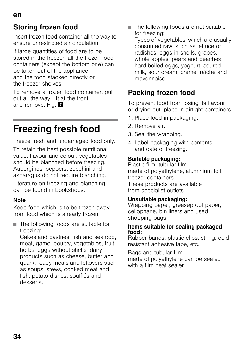 Storing frozen food, Freezing fresh food, Packing frozen food | Suitable packaging, Unsuitable packaging, Items suitable for sealing packaged food, En 34 storing frozen food | Siemens KG49NSW31 User Manual | Page 34 / 108