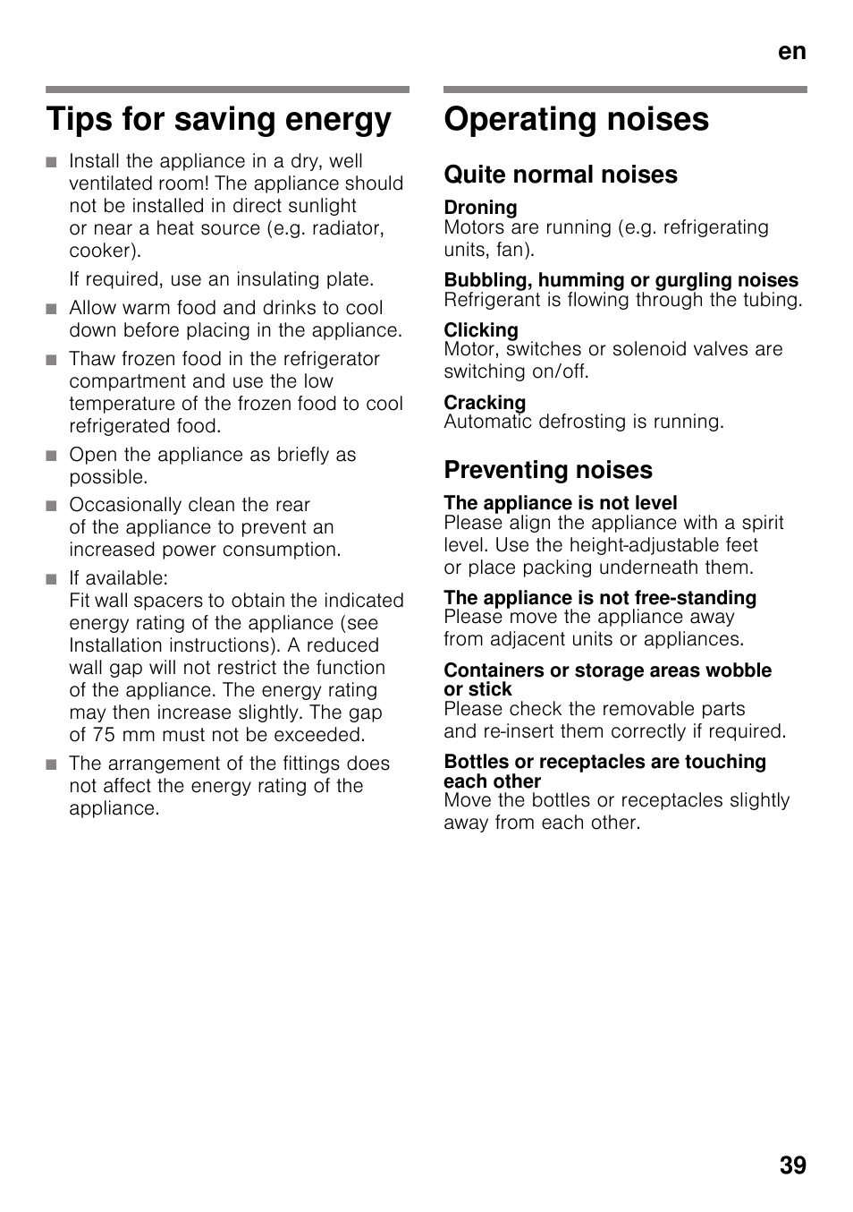 Tips for saving energy, If required, use an insulating plate, Open the appliance as briefly as possible | Operating noises, Quite normal noises, Droning, Bubbling, humming or gurgling noises, Clicking, Cracking, Preventing noises | Siemens KG49NSW31 User Manual | Page 39 / 108