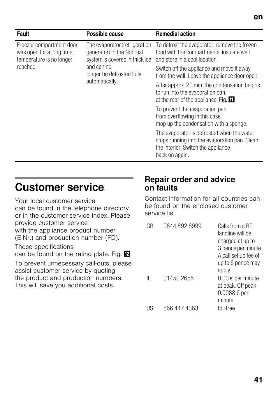 Customer service, Repair order and advice on faults, En 41 | Siemens KG49NSW31 User Manual | Page 41 / 108