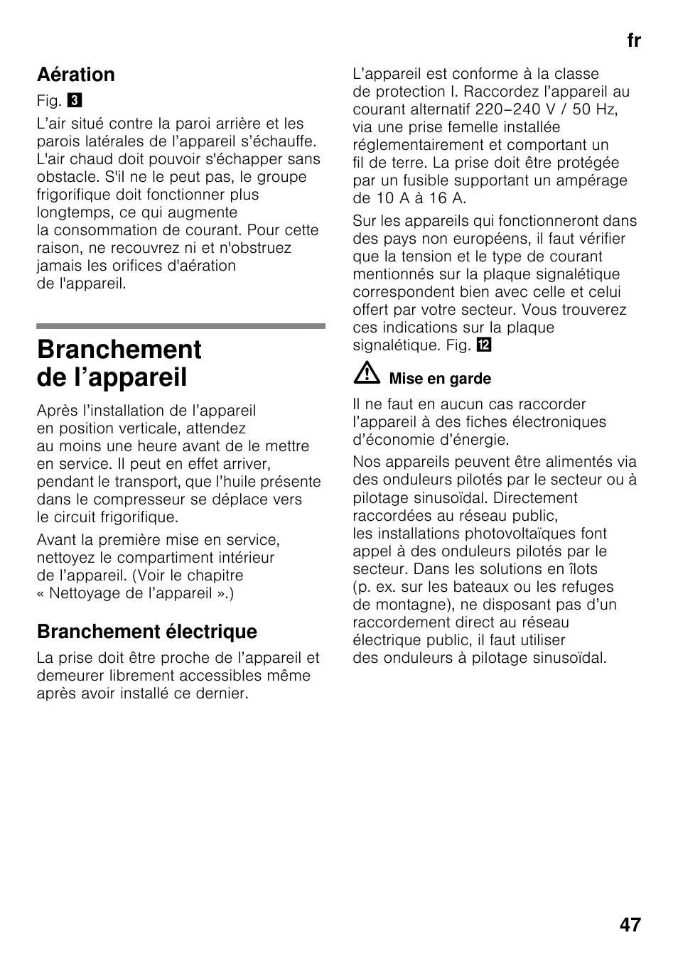 Aération, Branchement de l’appareil, Branchement électrique | Fr 47 aération | Siemens KG49NSW31 User Manual | Page 47 / 108